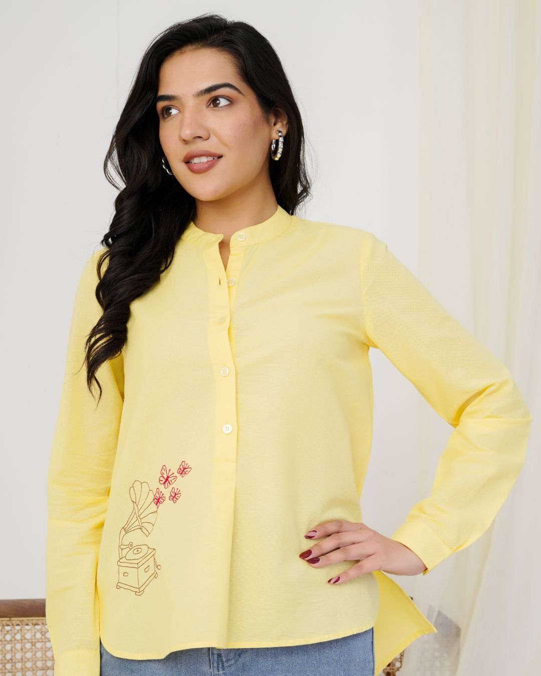 Yellow Gramophone Hand Embroidered Top