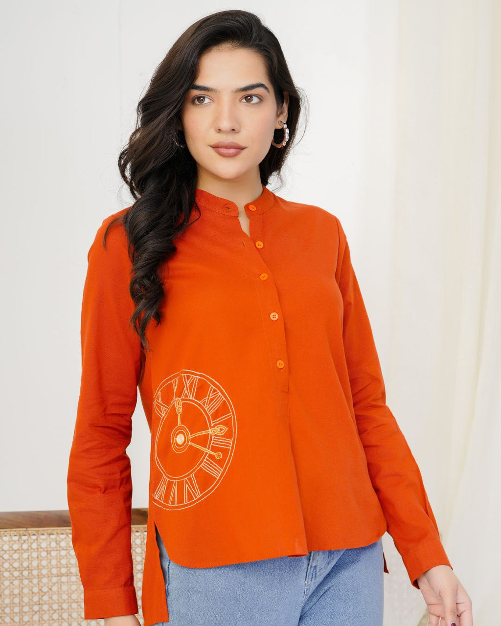 Rust Orange Clock Hand Embroidered Top
