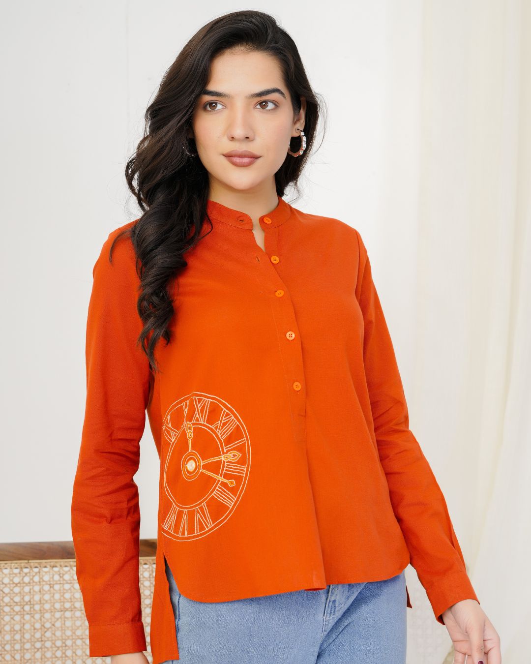 Rust Orange Clock Hand Embroidered Top