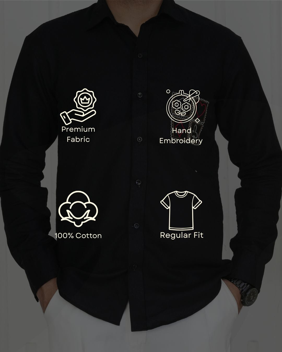 Black Card Faces Hand Embroidered Shirt