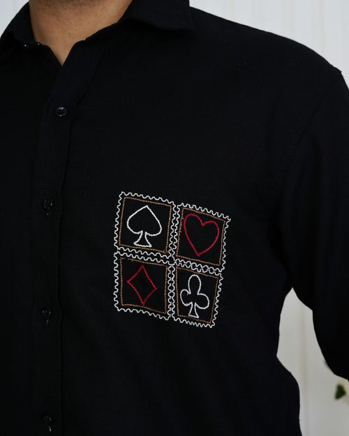 Black Card Faces Hand Embroidered Shirt