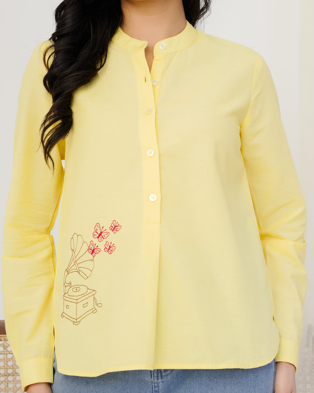 Yellow Gramophone Hand Embroidered Top