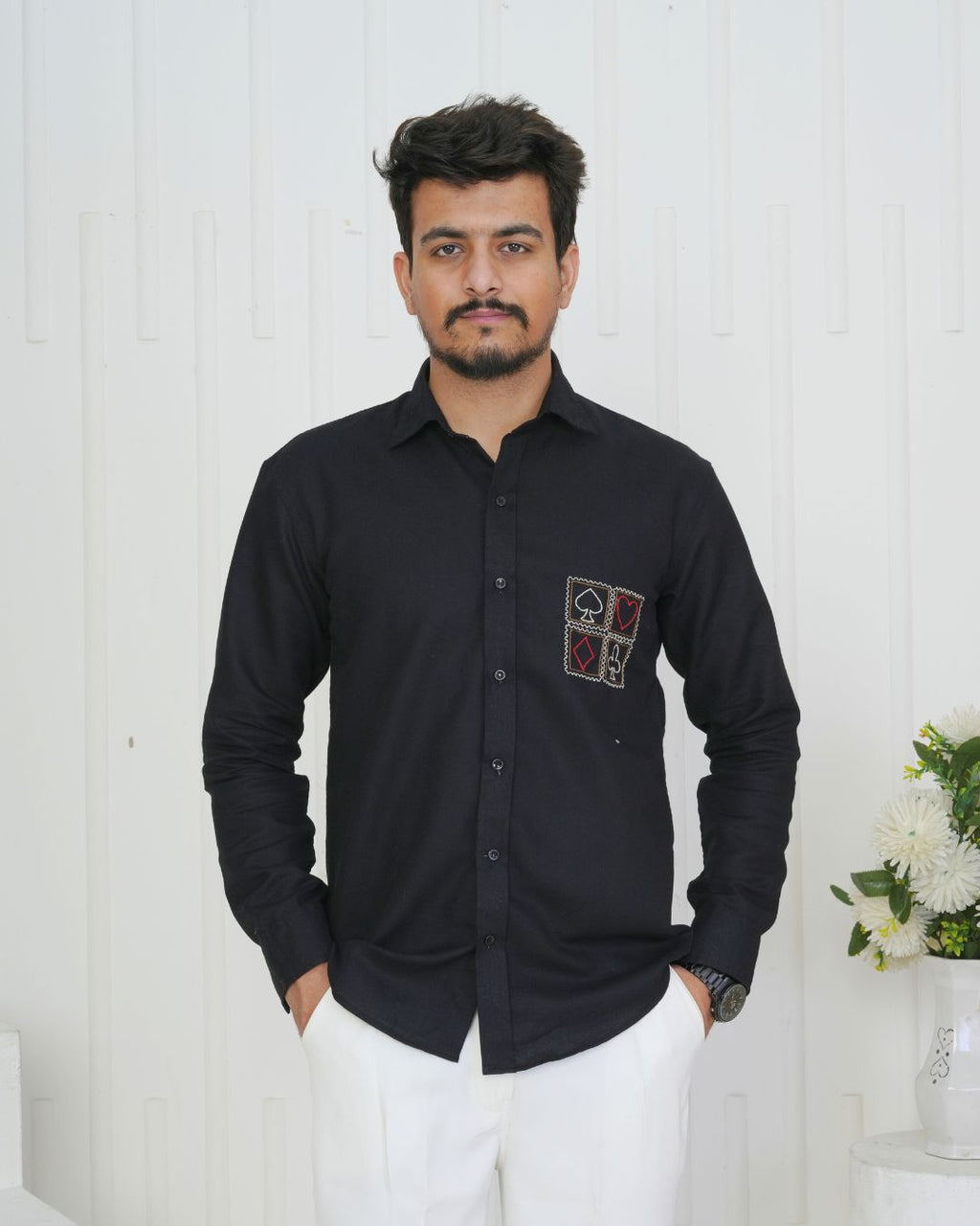 Black Card Faces Hand Embroidered Shirt
