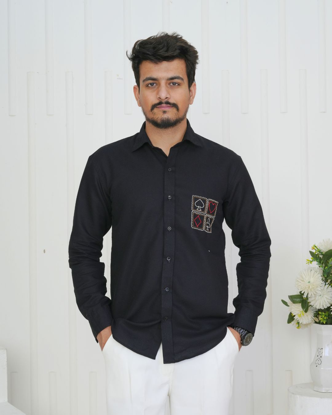 Black Card Faces Hand Embroidered Shirt