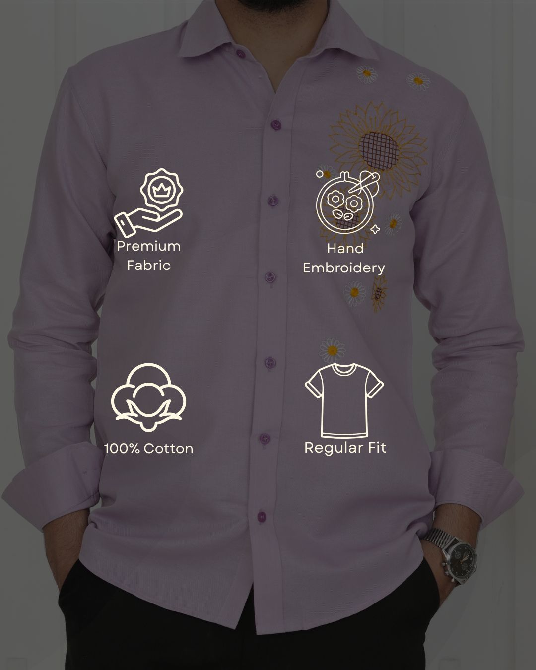 Lavender Sunflower Hand Embroidered Shirt
