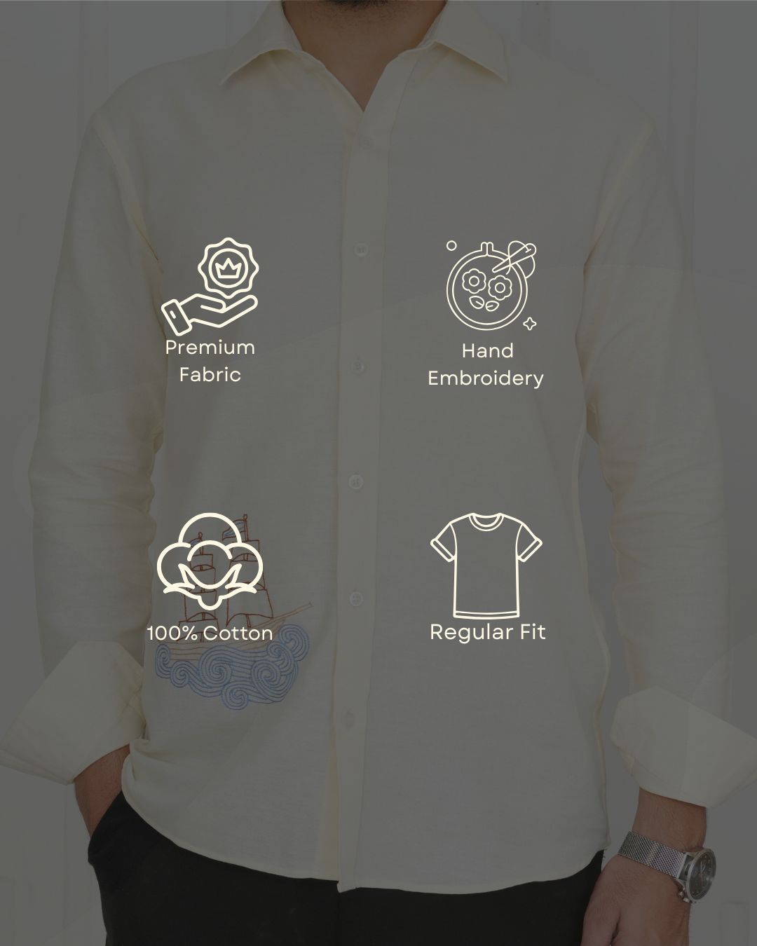 Off White Boat Hand Embroidered Shirt