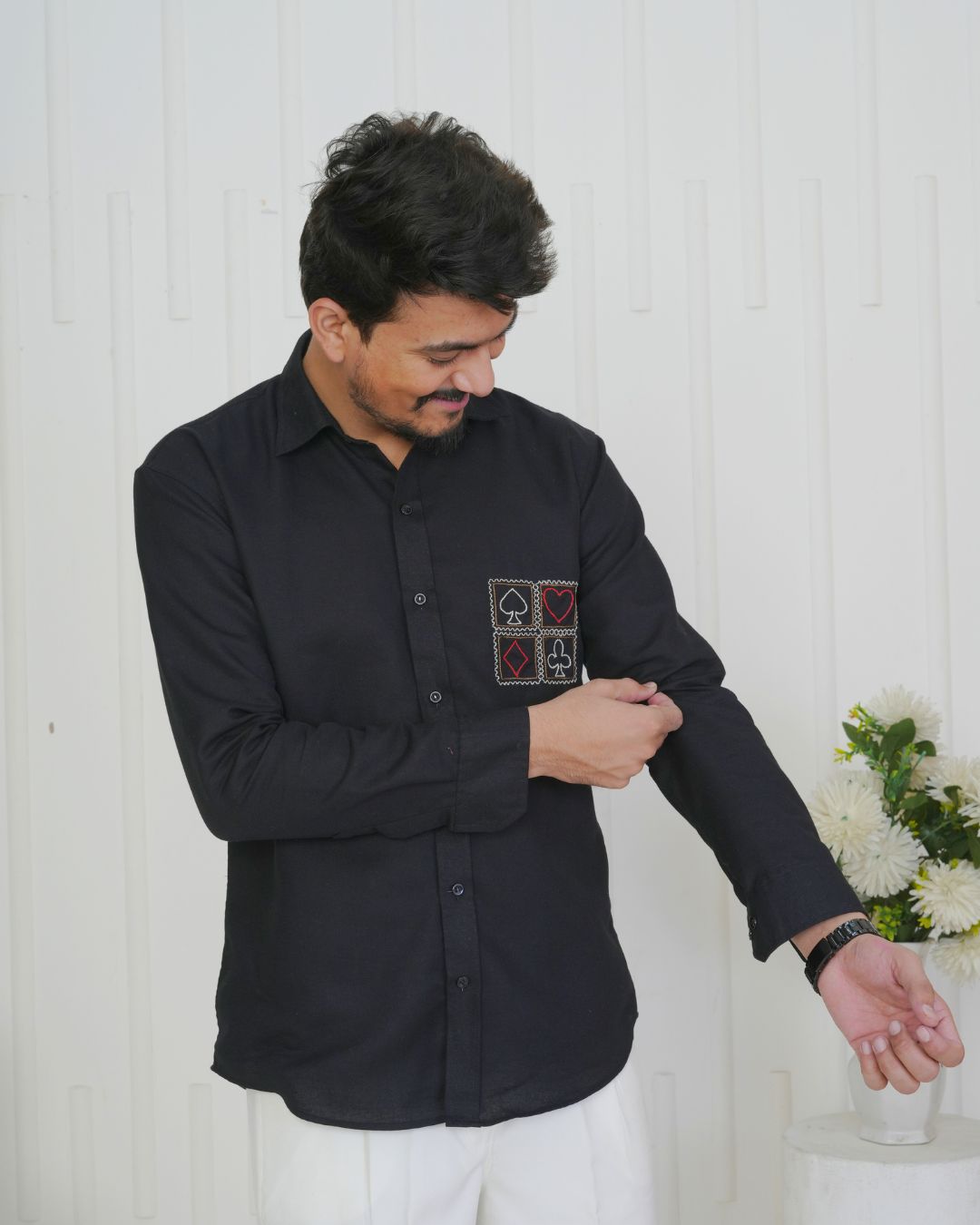 Black Card Faces Hand Embroidered Shirt