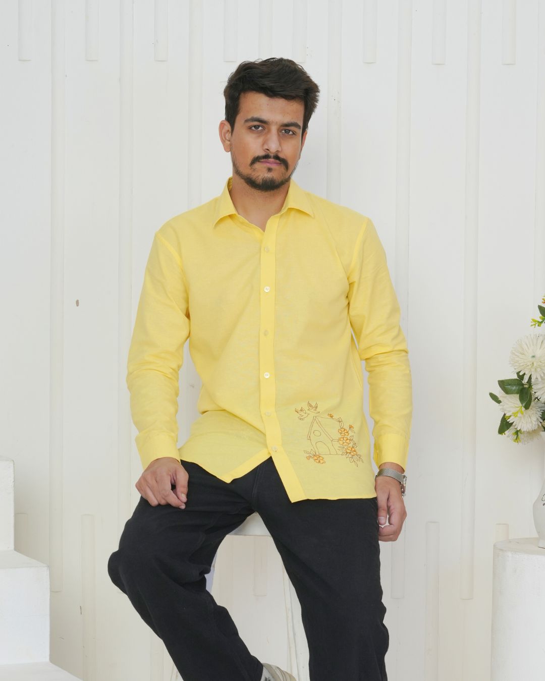 Yellow Bird House Hand Embroidered Shirt