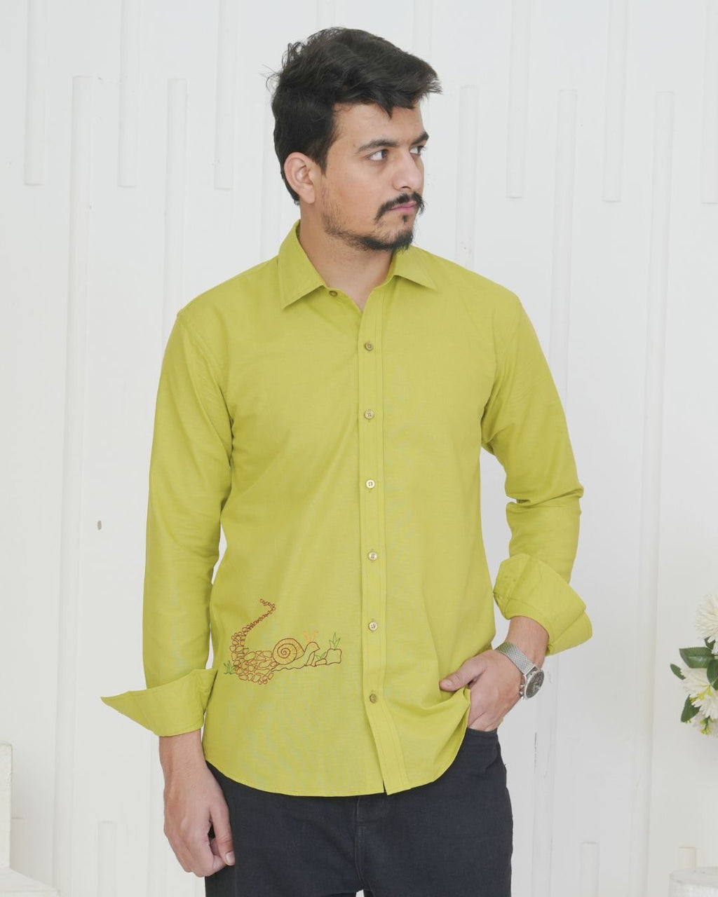 Green Snail Hand Embroidered Shirt