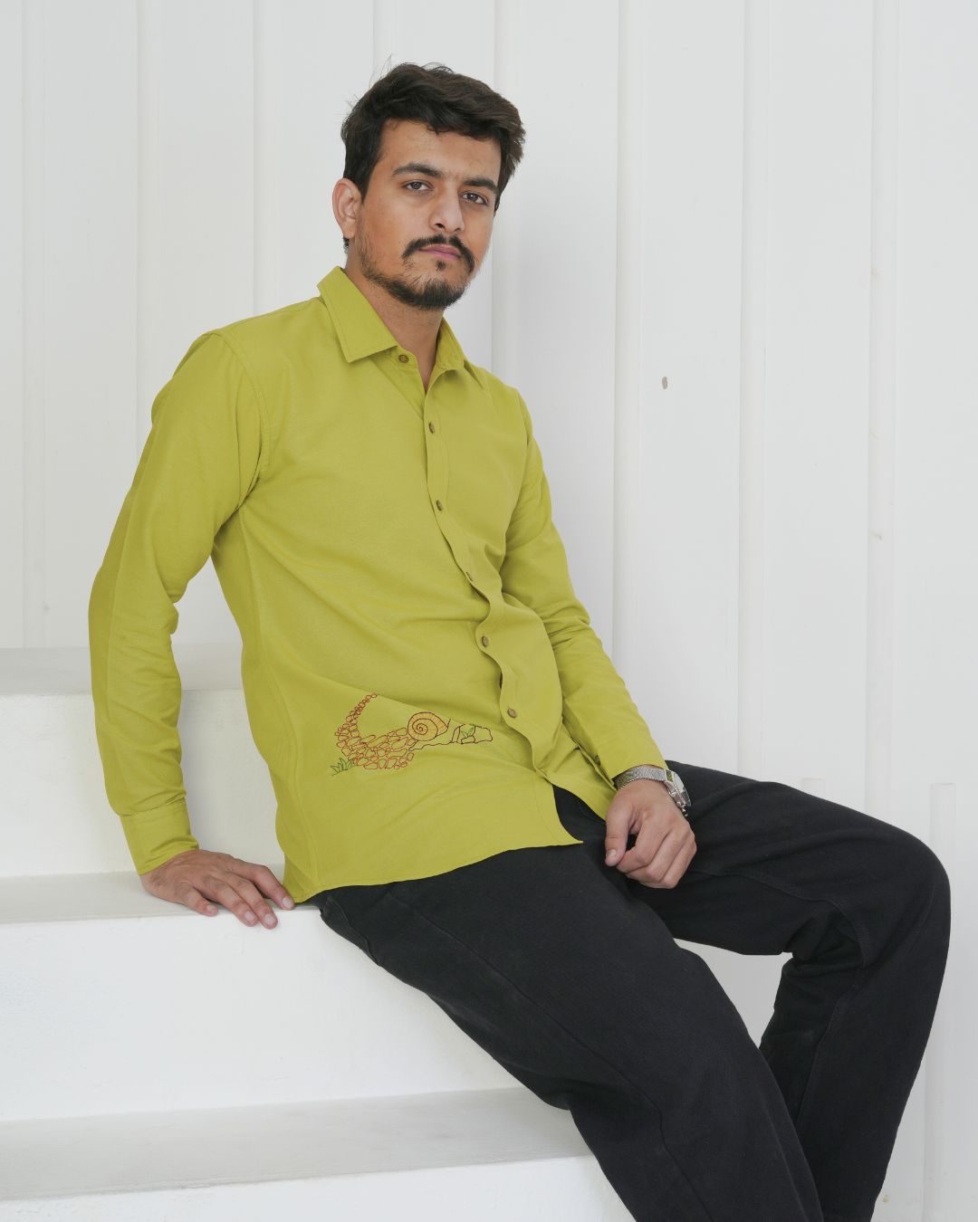 Green Snail Hand Embroidered Shirt