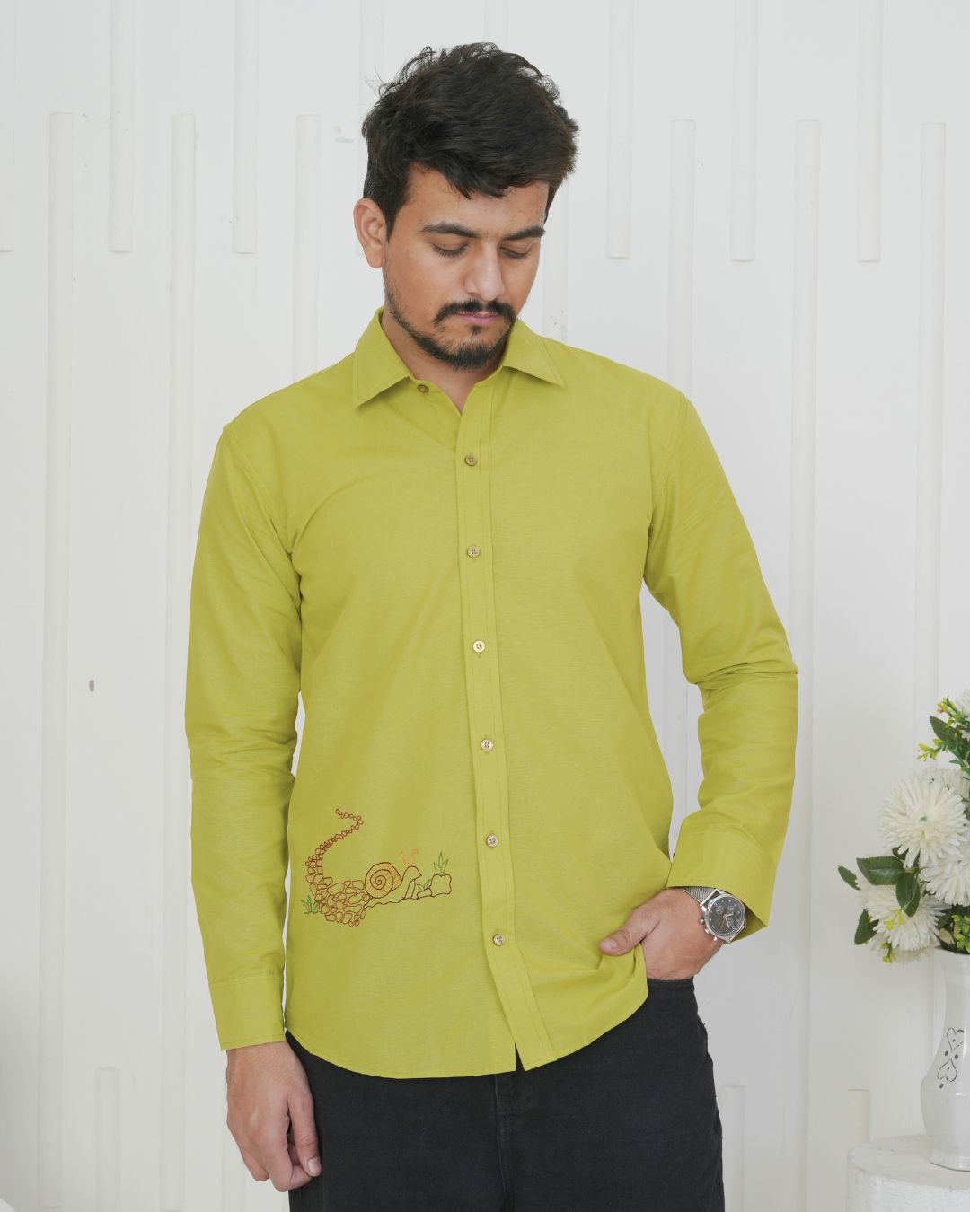 Green Snail Hand Embroidered Shirt