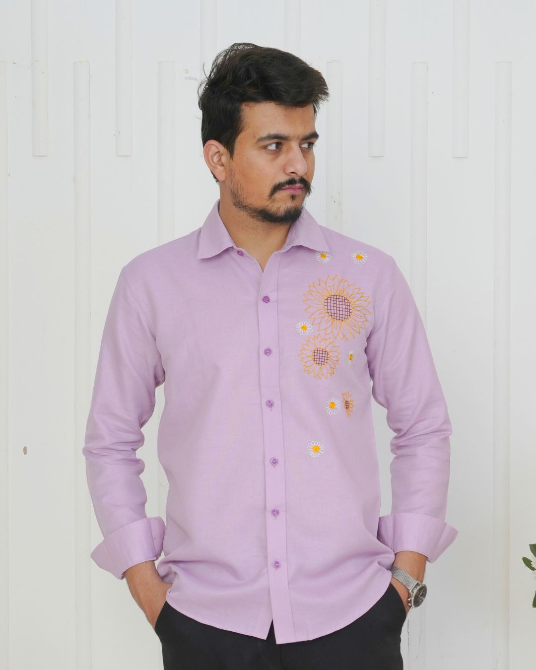 Lavender Sunflower Hand Embroidered Shirt