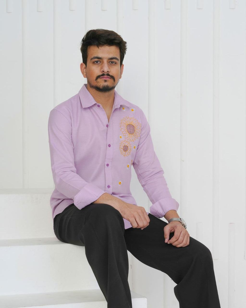 Lavender Sunflower Hand Embroidered Shirt