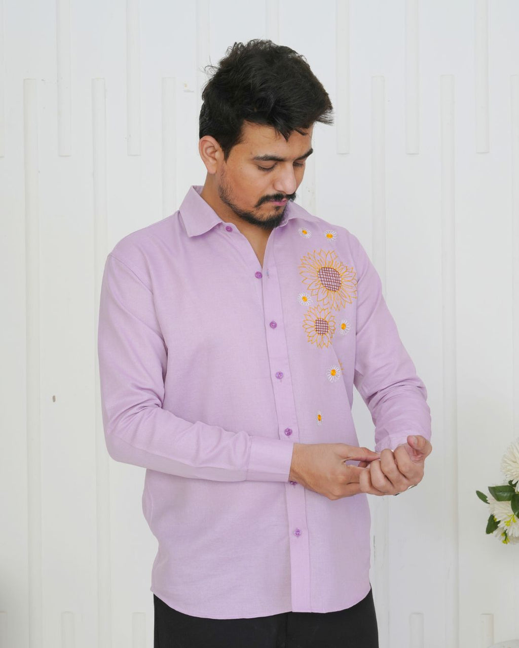 Lavender Sunflower Hand Embroidered Shirt