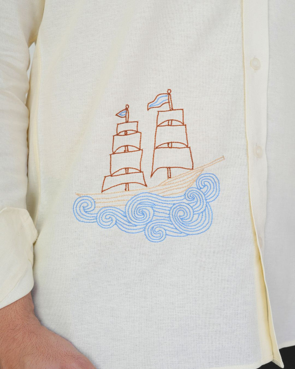 Off White Boat Hand Embroidered Shirt