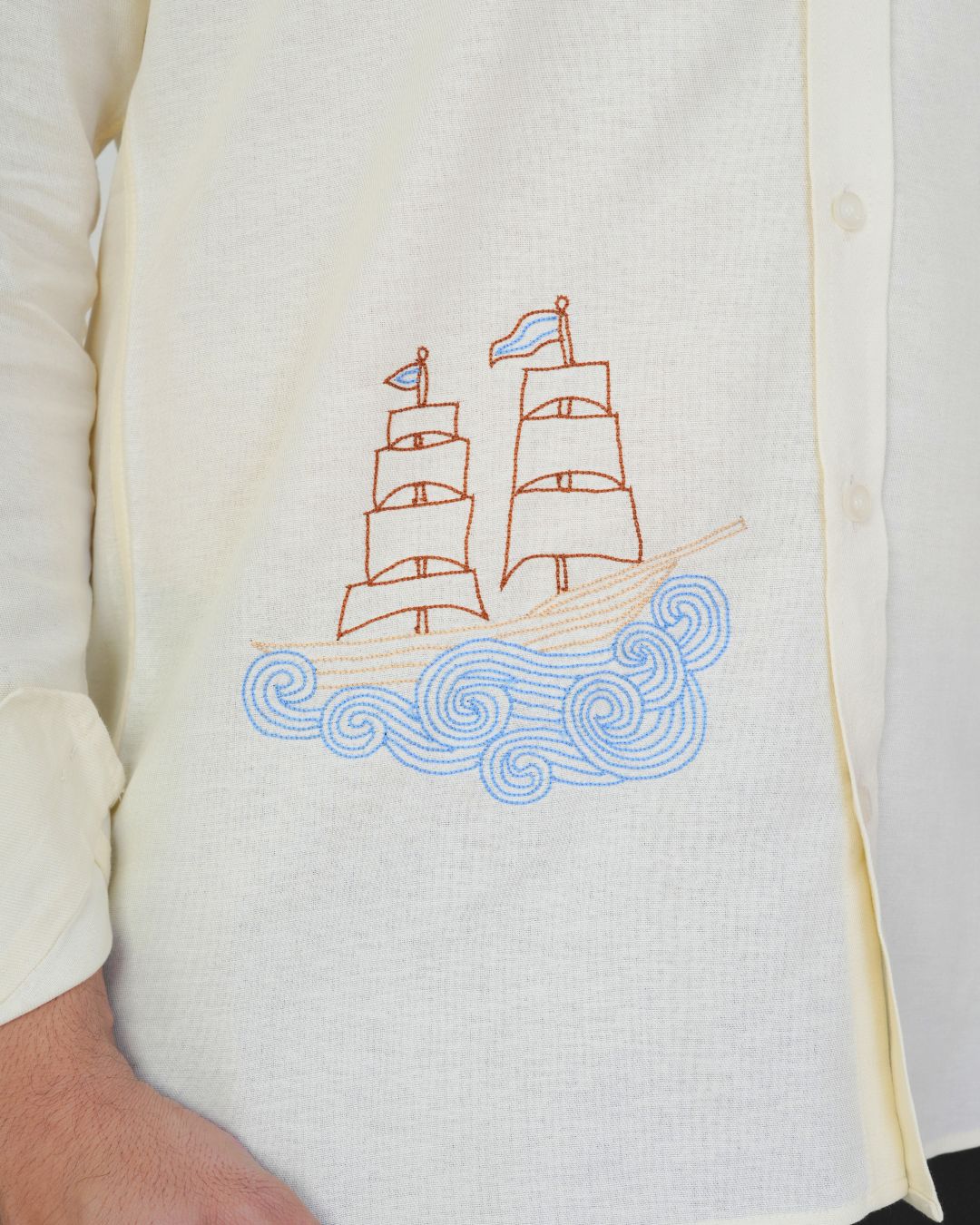 Off White Boat Hand Embroidered Shirt