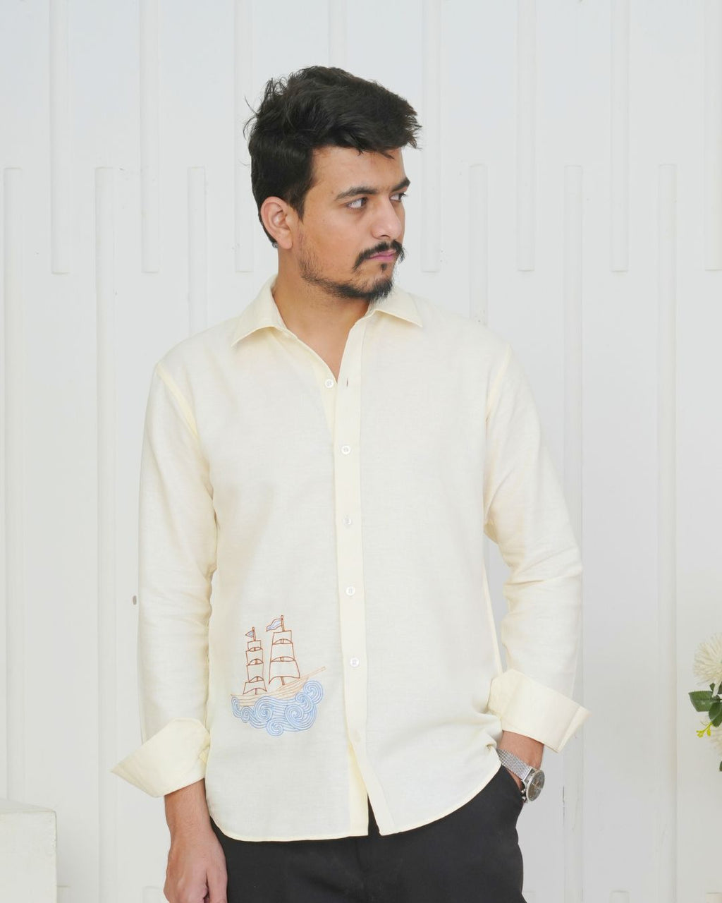 Off White Boat Hand Embroidered Shirt