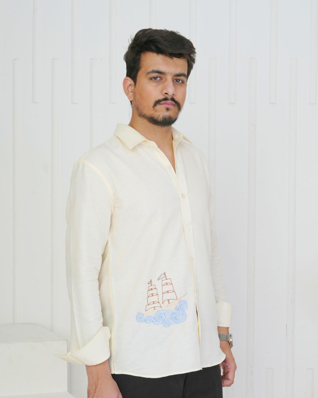 Off White Boat Hand Embroidered Shirt