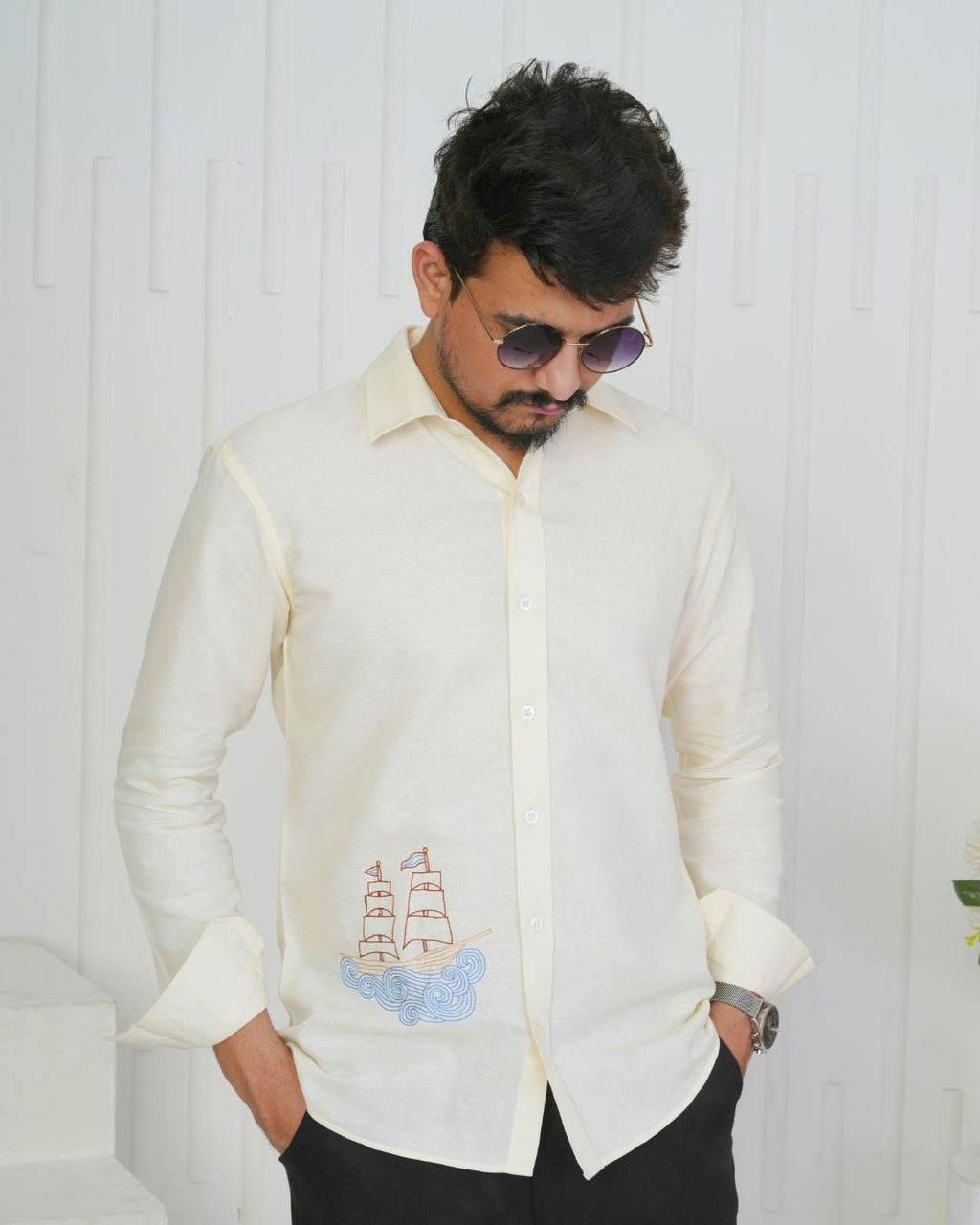 Off White Boat Hand Embroidered Shirt