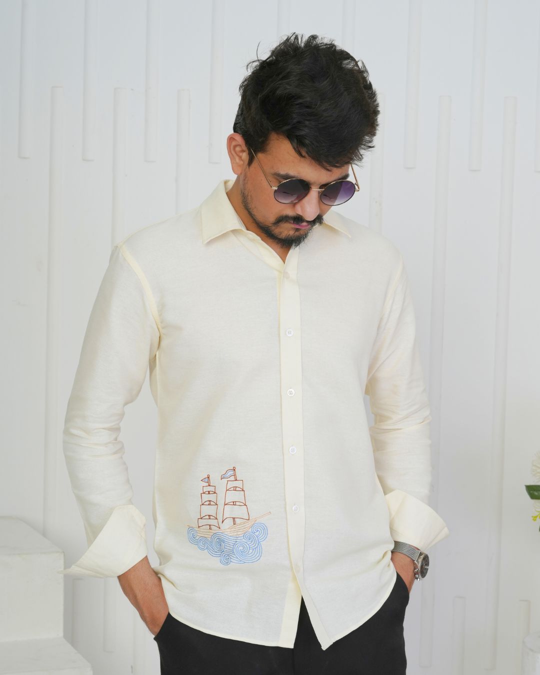 Off White Boat Hand Embroidered Shirt