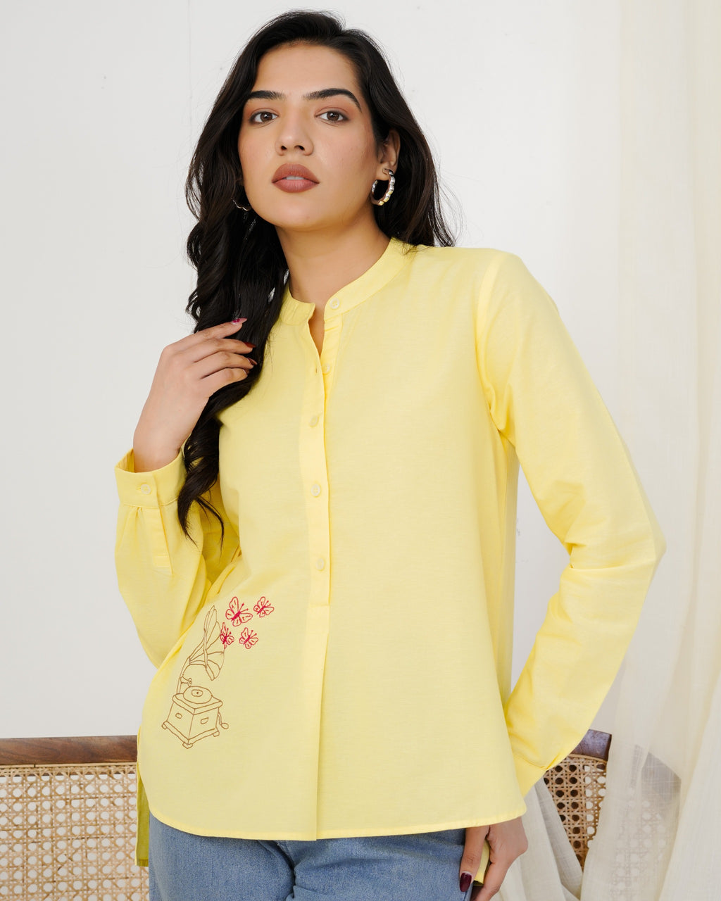 Yellow Gramophone Hand Embroidered Top