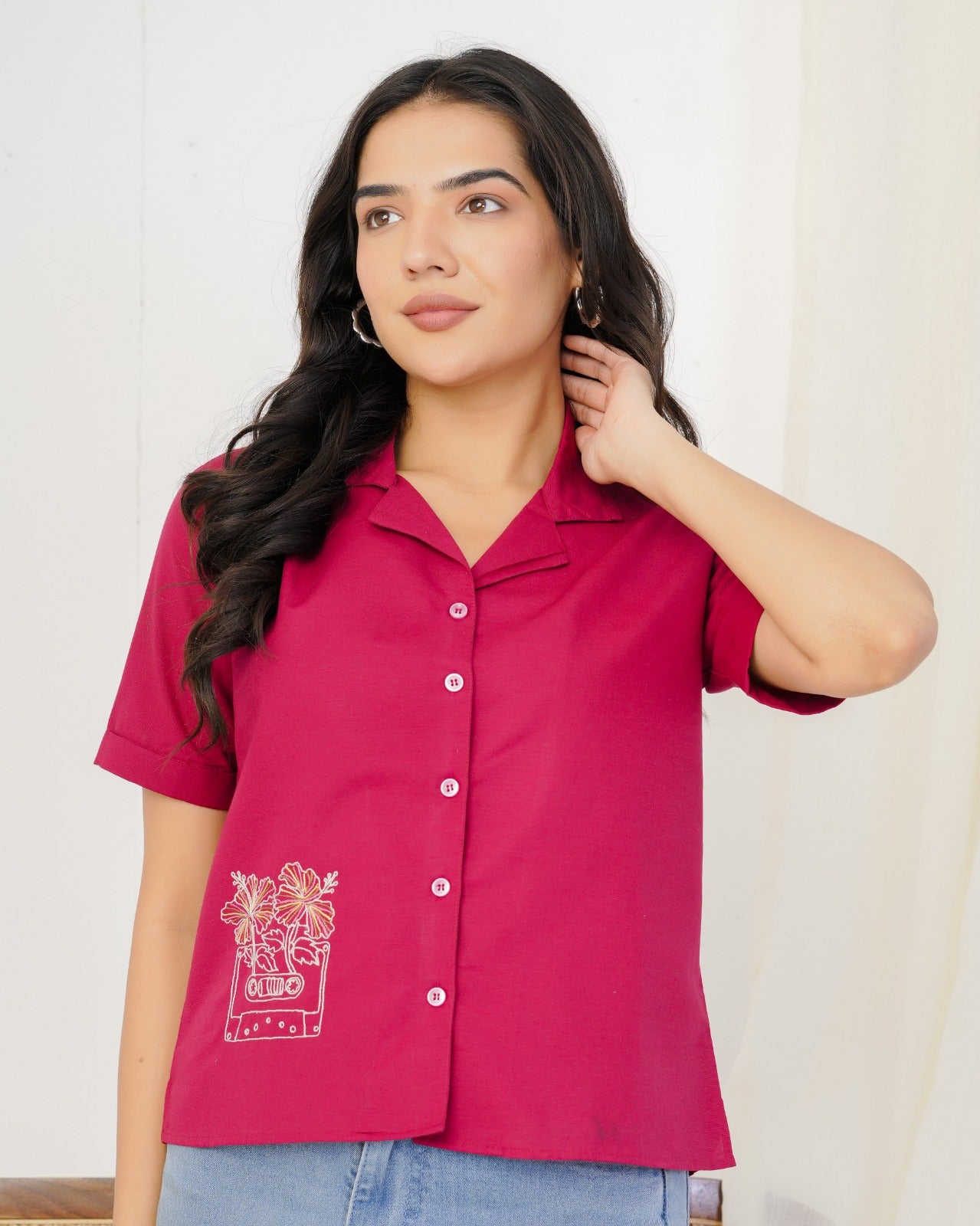 Magenta Cassette Hand Embroidered Shirt Top