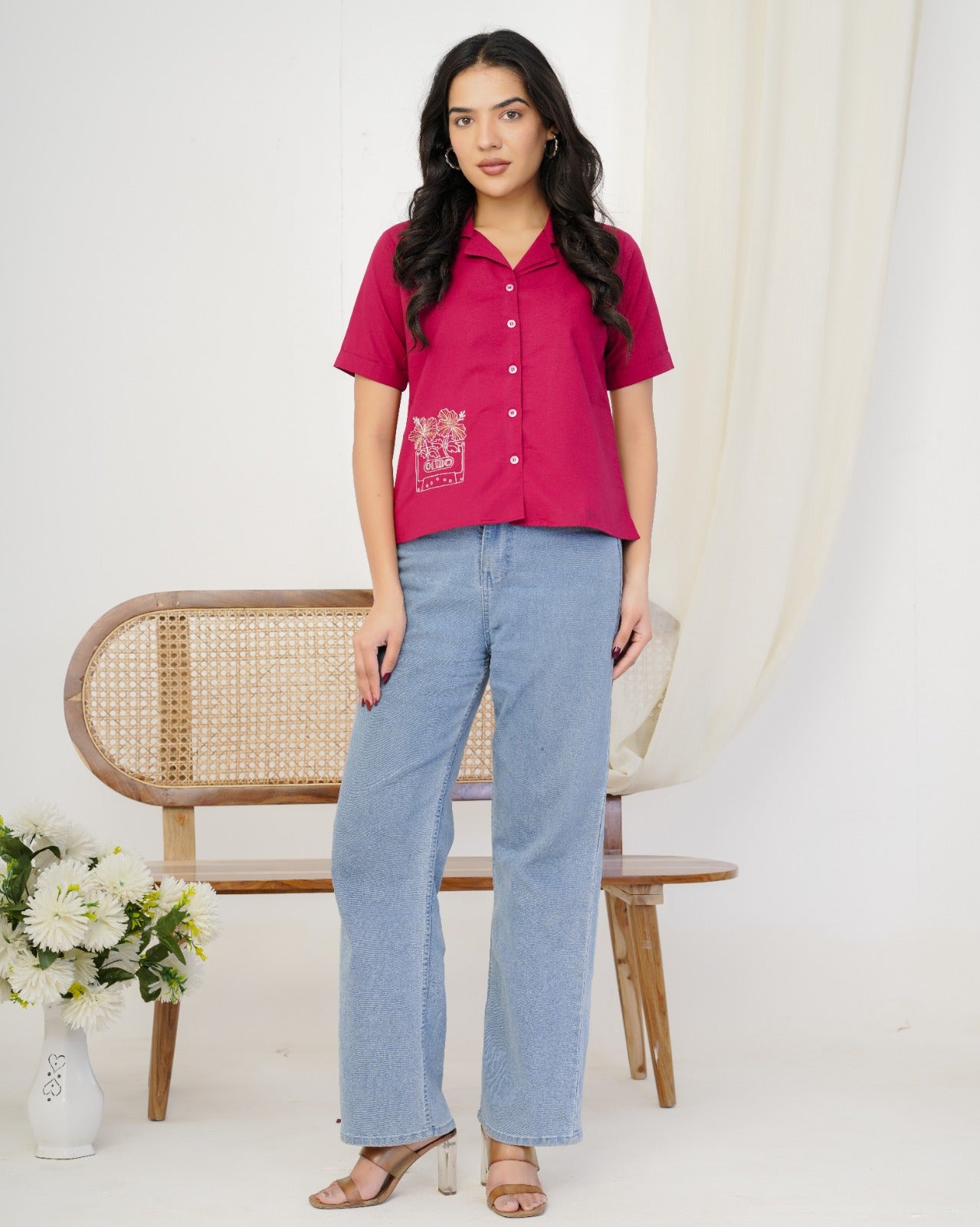 Magenta Cassette Hand Embroidered Shirt Top