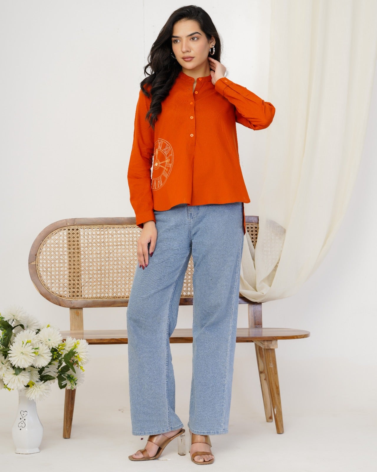 Rust Orange Clock Hand Embroidered Top