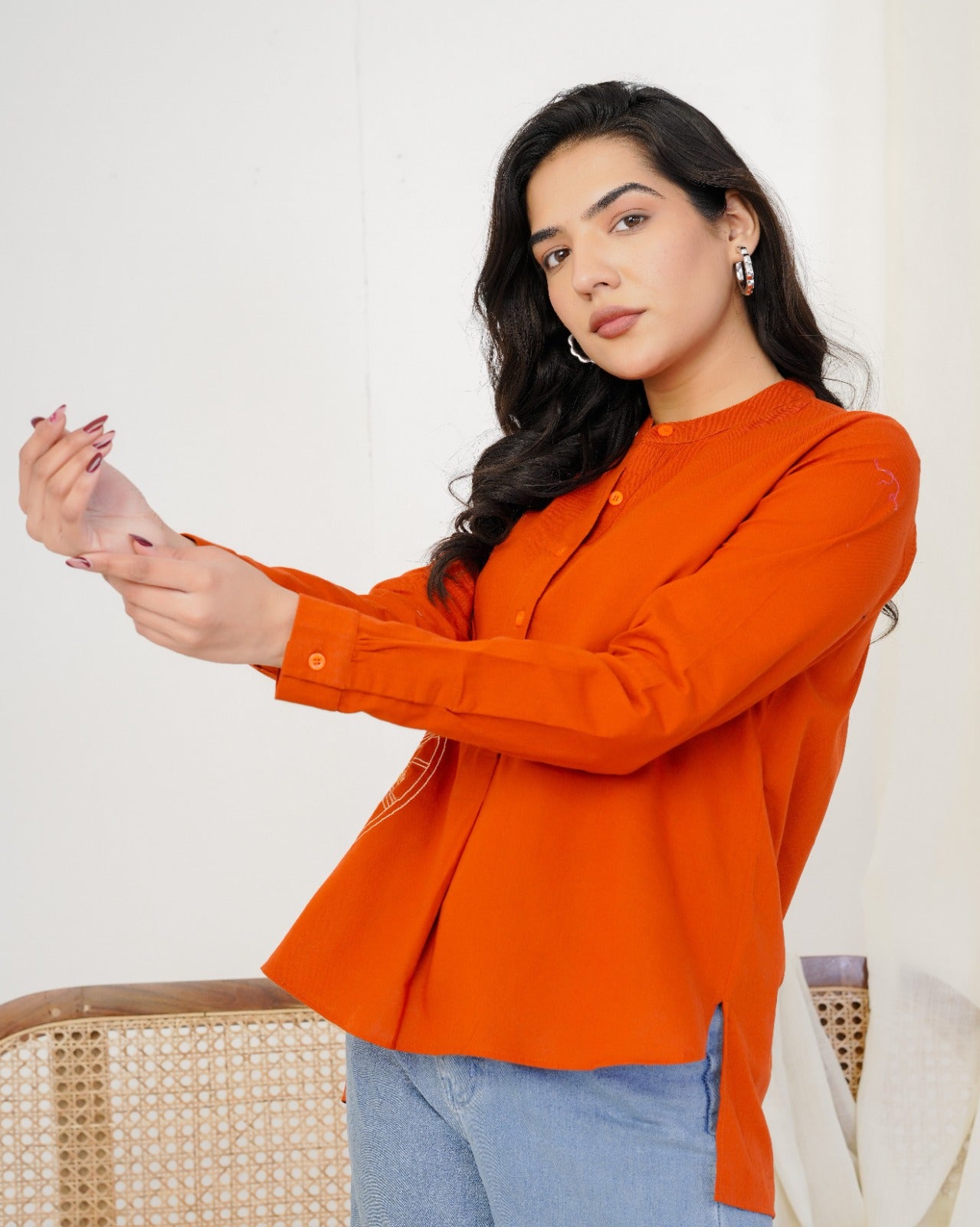 Rust Orange Clock Hand Embroidered Top