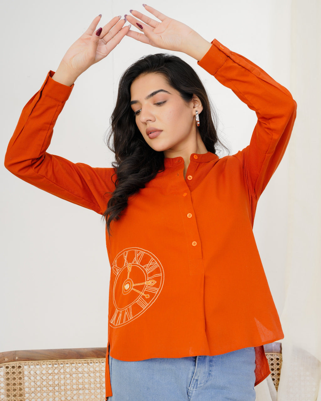 Rust Orange Clock Hand Embroidered Top