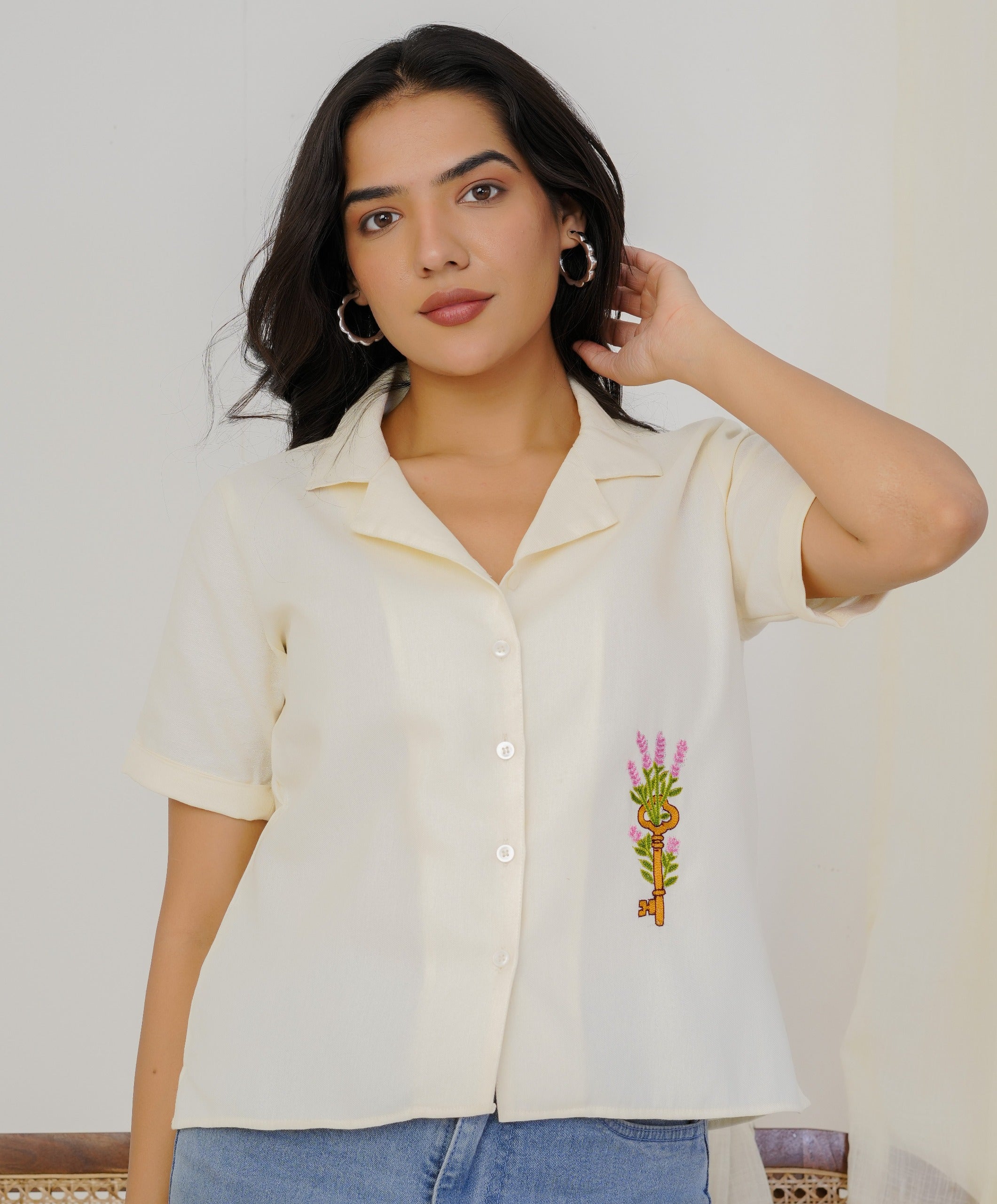 Off White Key Hand Embroidered Shirt Top