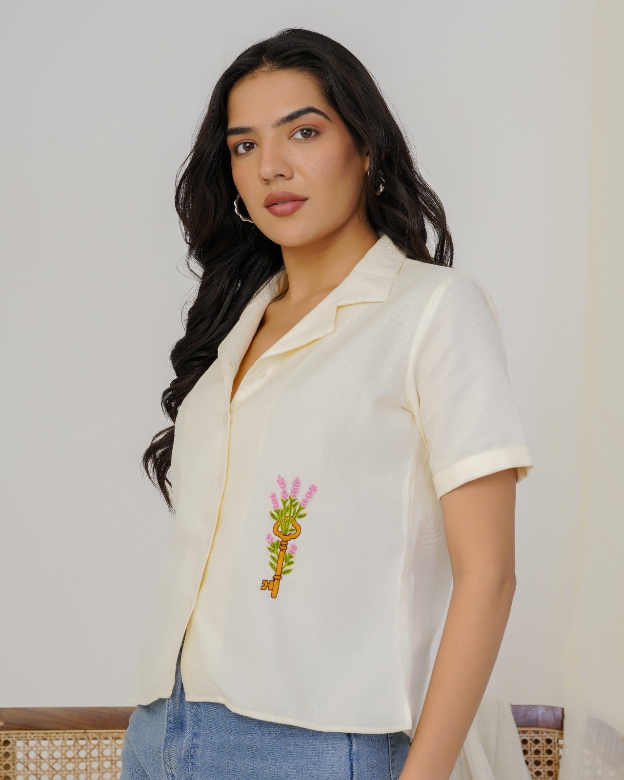 Off White Key Hand Embroidered Shirt Top