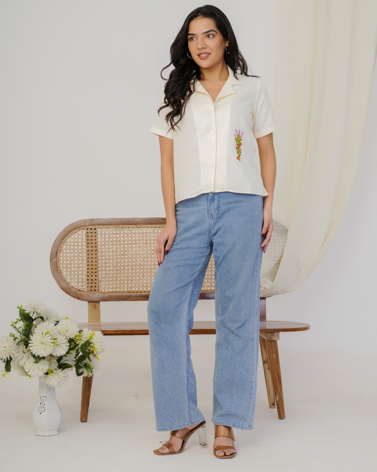 Off White Key Hand Embroidered Shirt Top