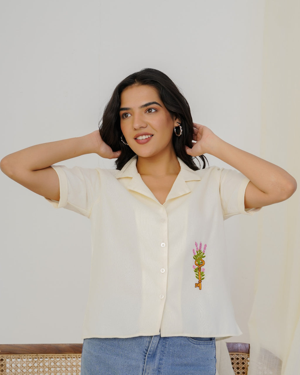 Off White Key Hand Embroidered Shirt Top