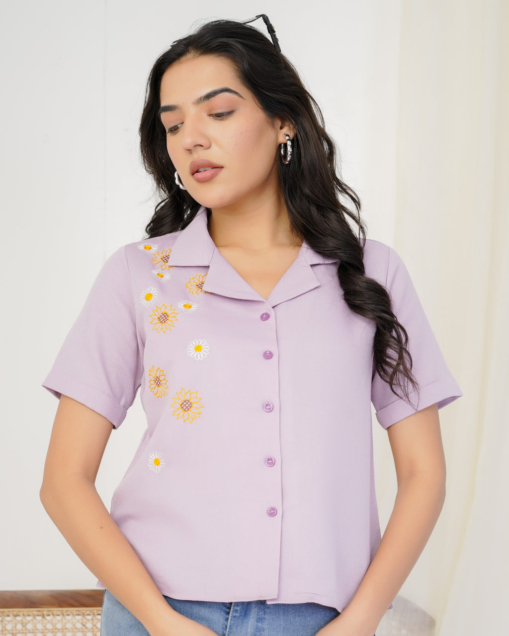 Lavender Sunflower Hand Embroidered Shirt Top