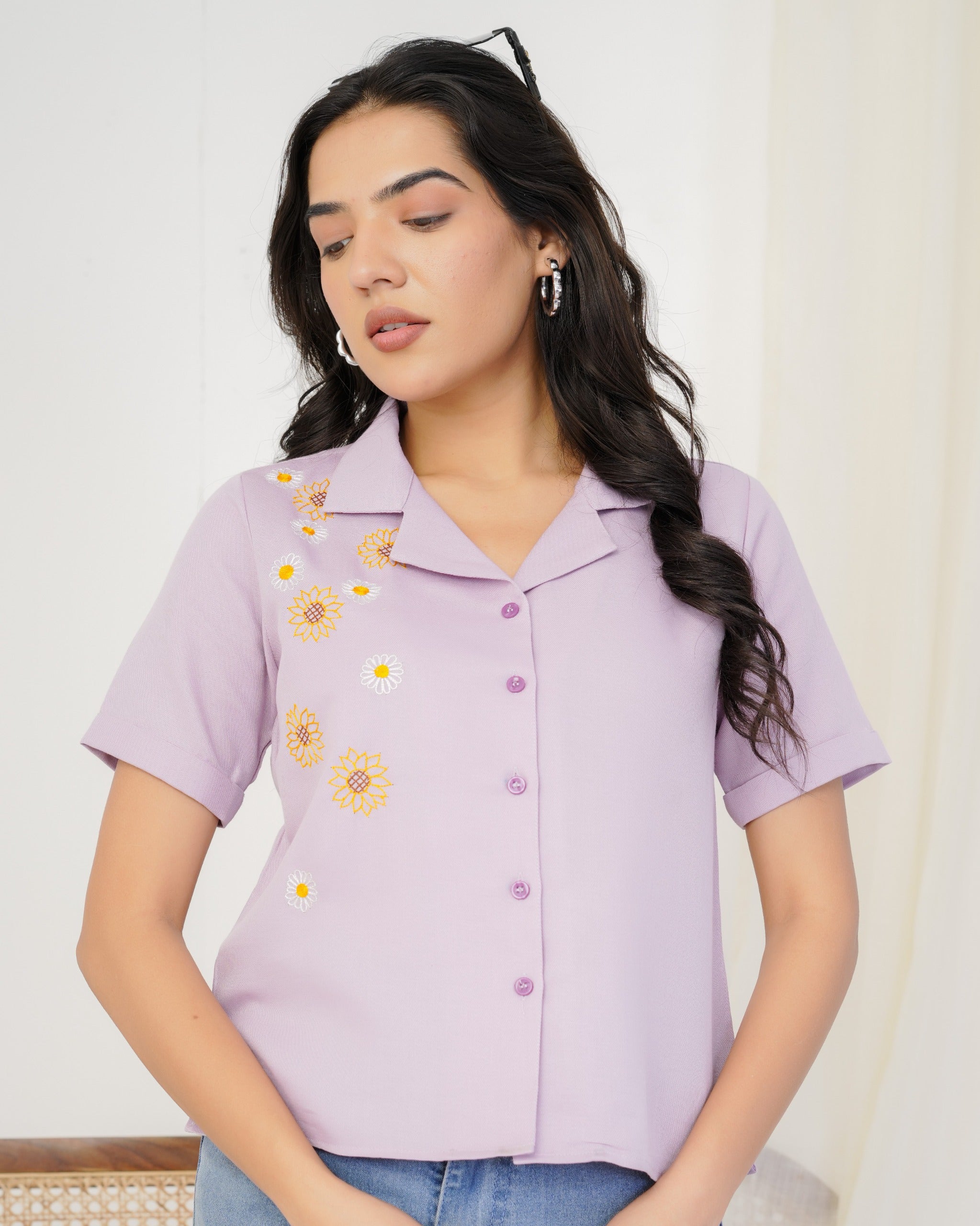 Lavender Sunflower Hand Embroidered Shirt Top
