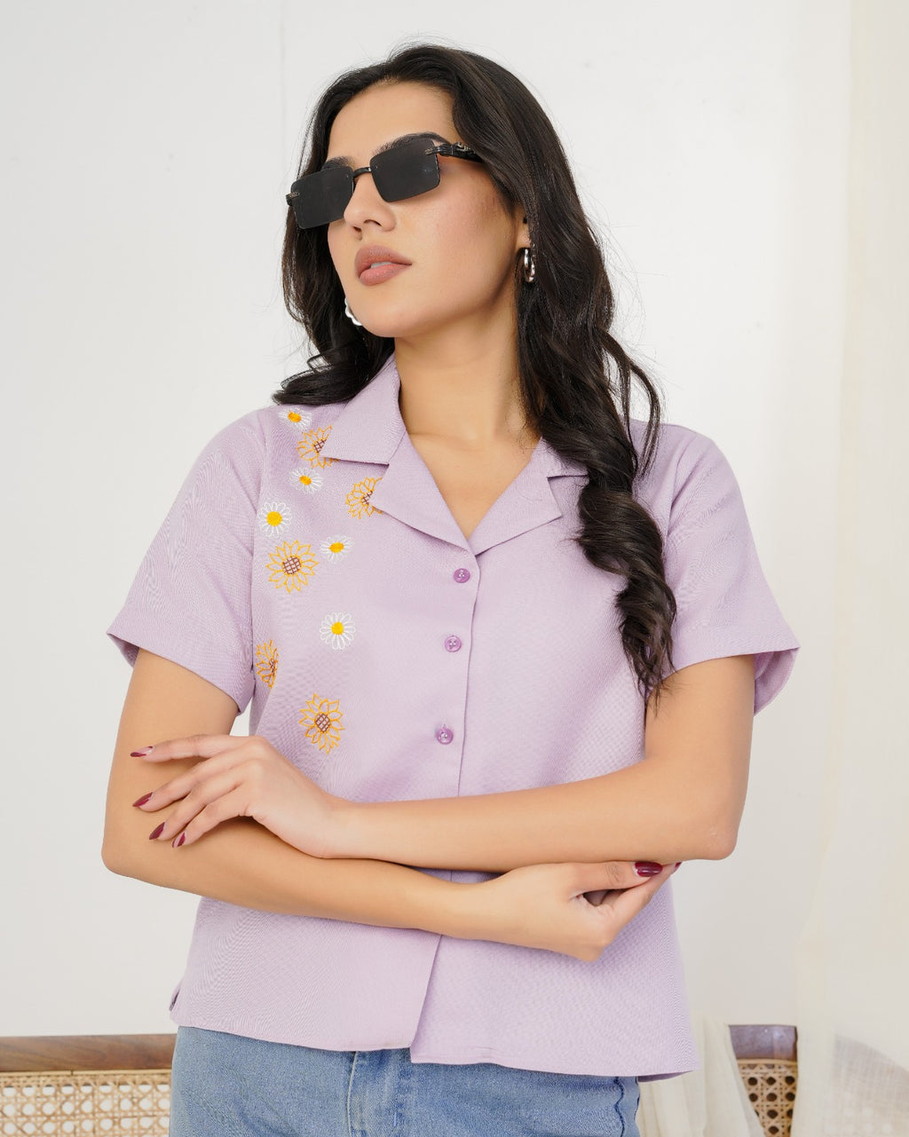 Lavender Sunflower Hand Embroidered Shirt Top