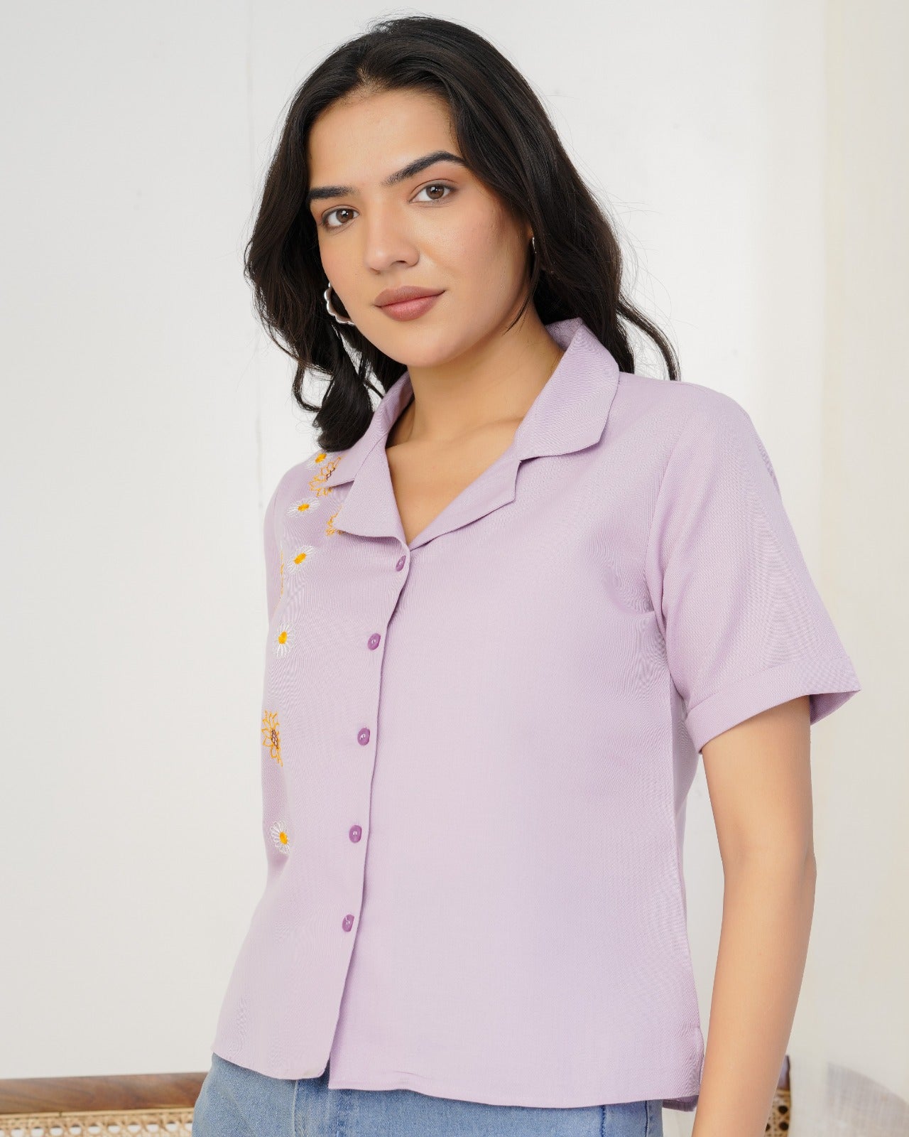 Lavender Sunflower Hand Embroidered Shirt Top