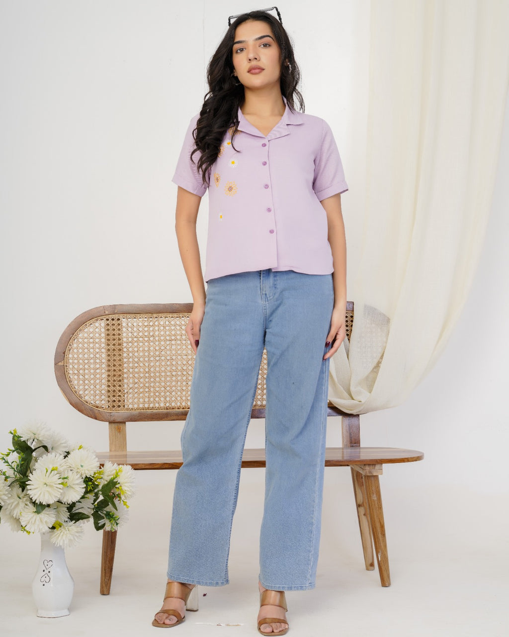 Lavender Sunflower Hand Embroidered Shirt Top
