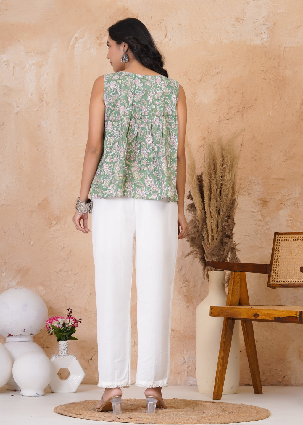 Sage Green Floral Summer Sleeveless Top
