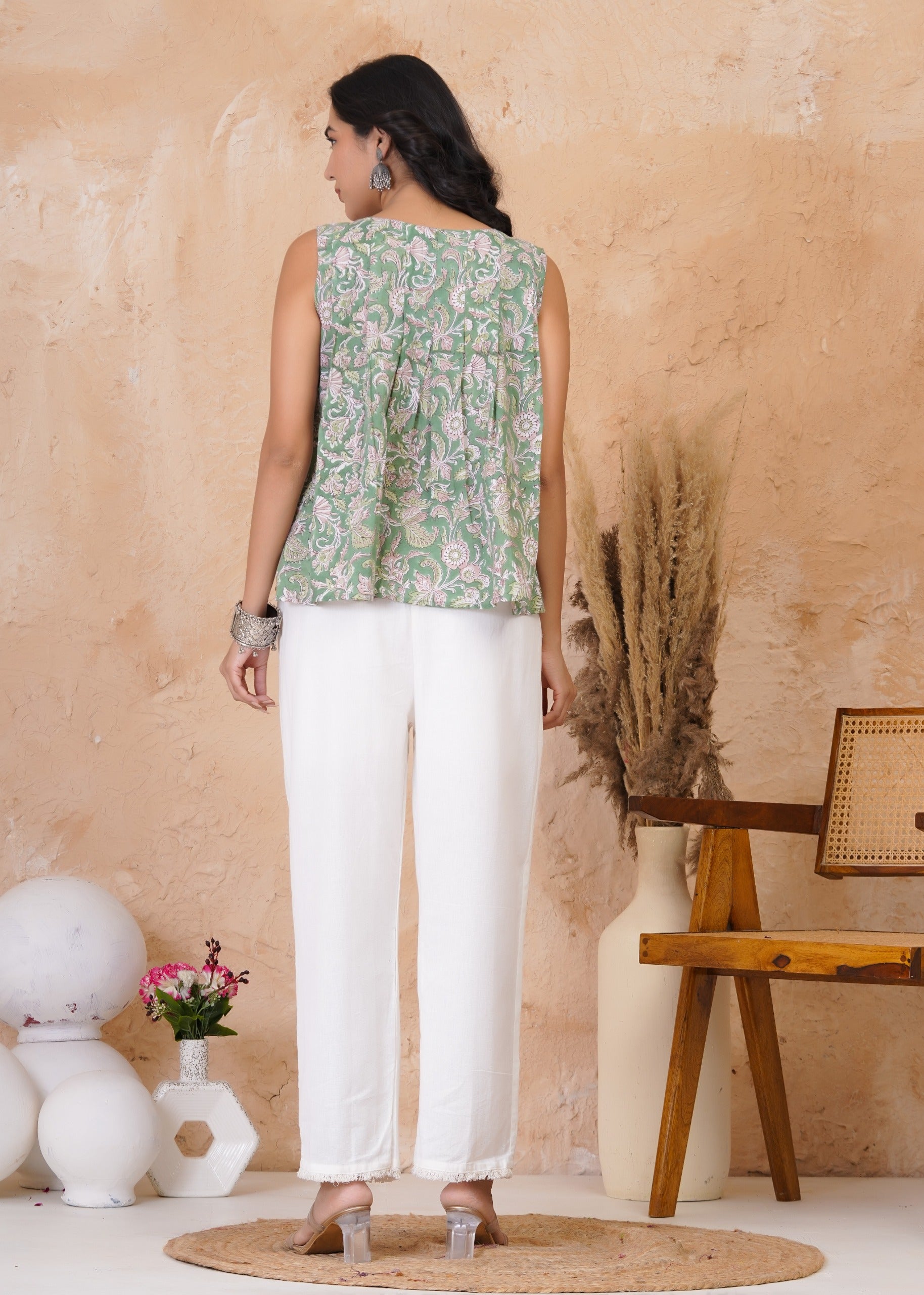 Sage Green Floral Summer Sleeveless Top