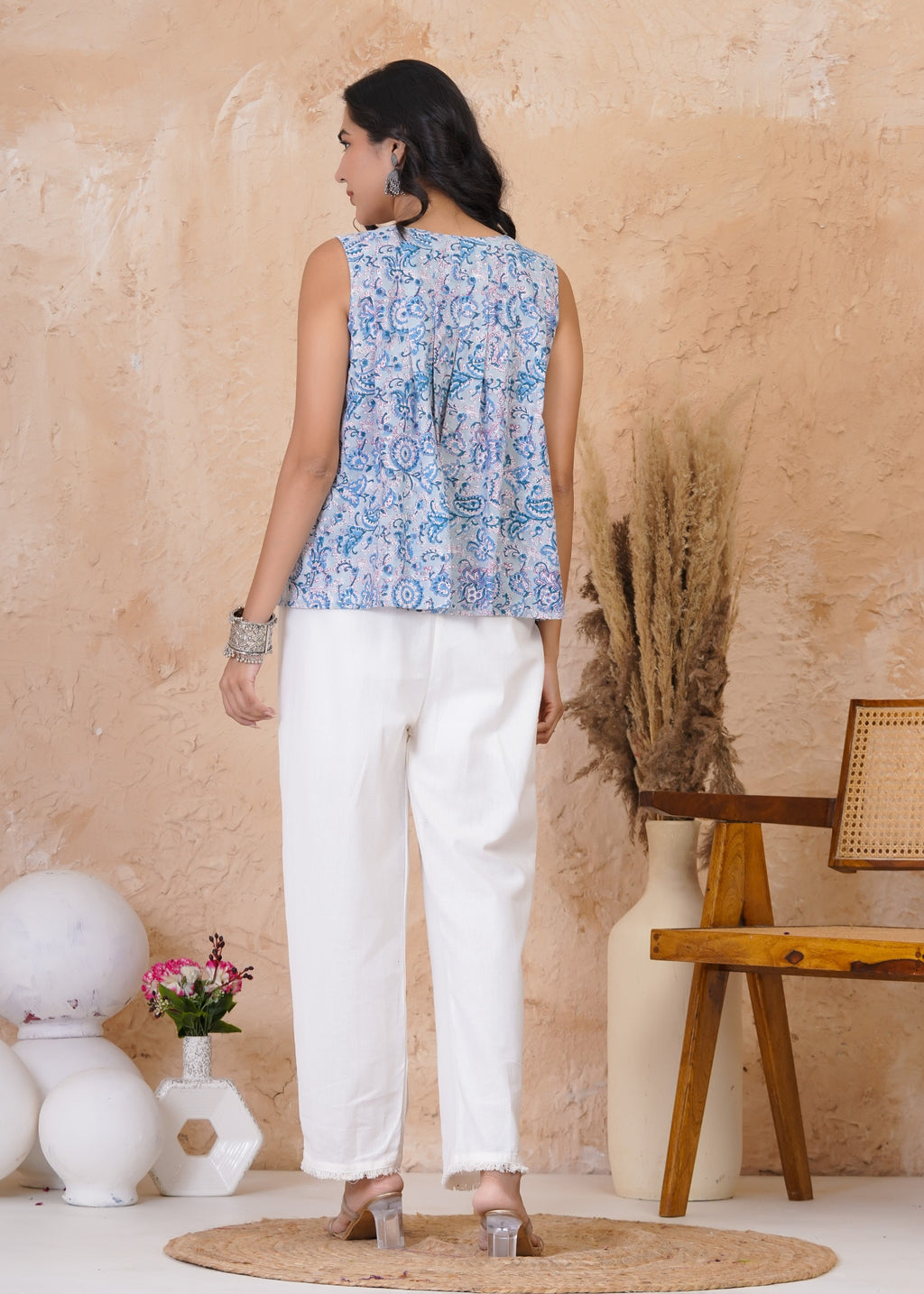 Powder Blue Floral Summer Sleeveless Top