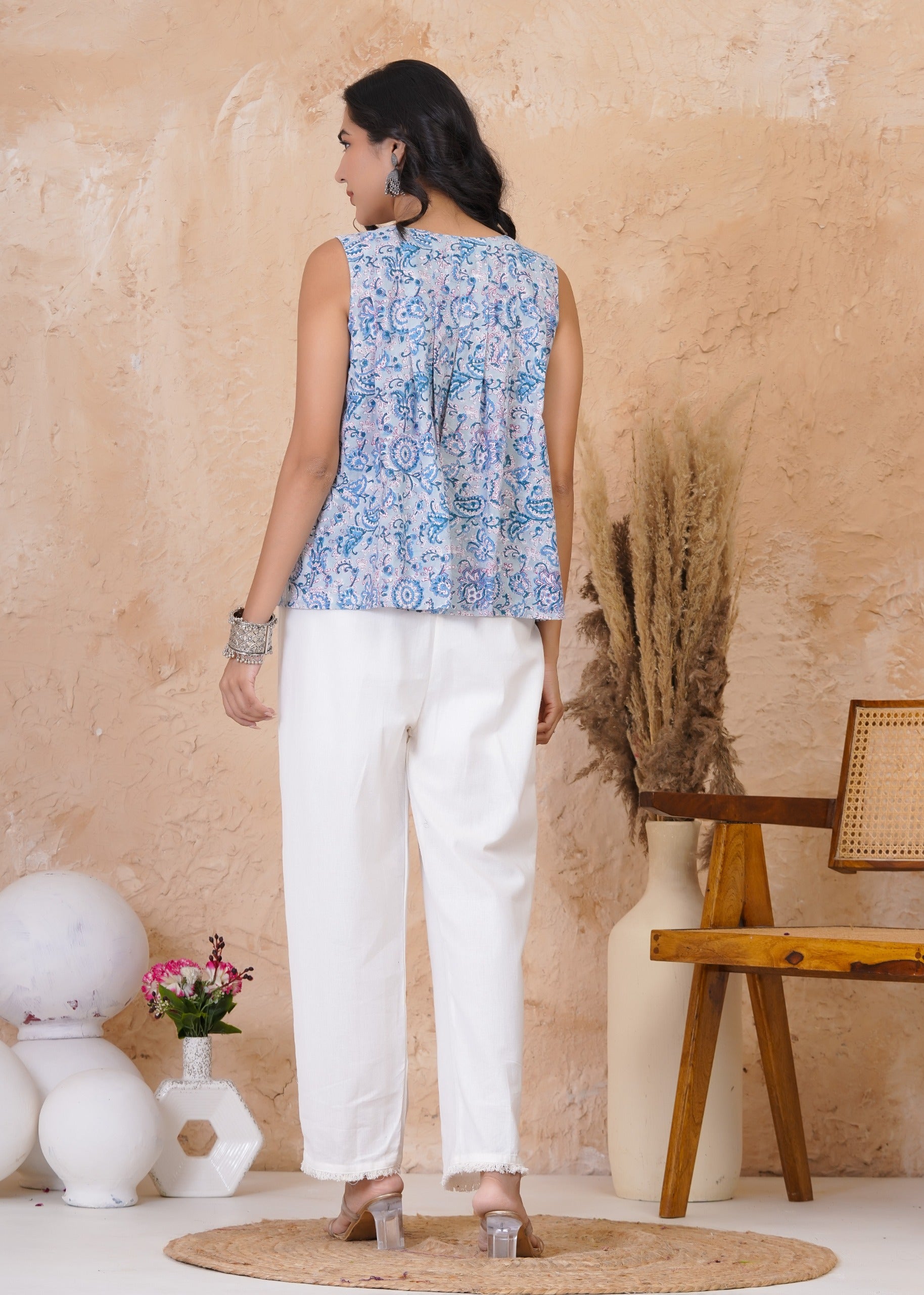Powder Blue Floral Summer Sleeveless Top