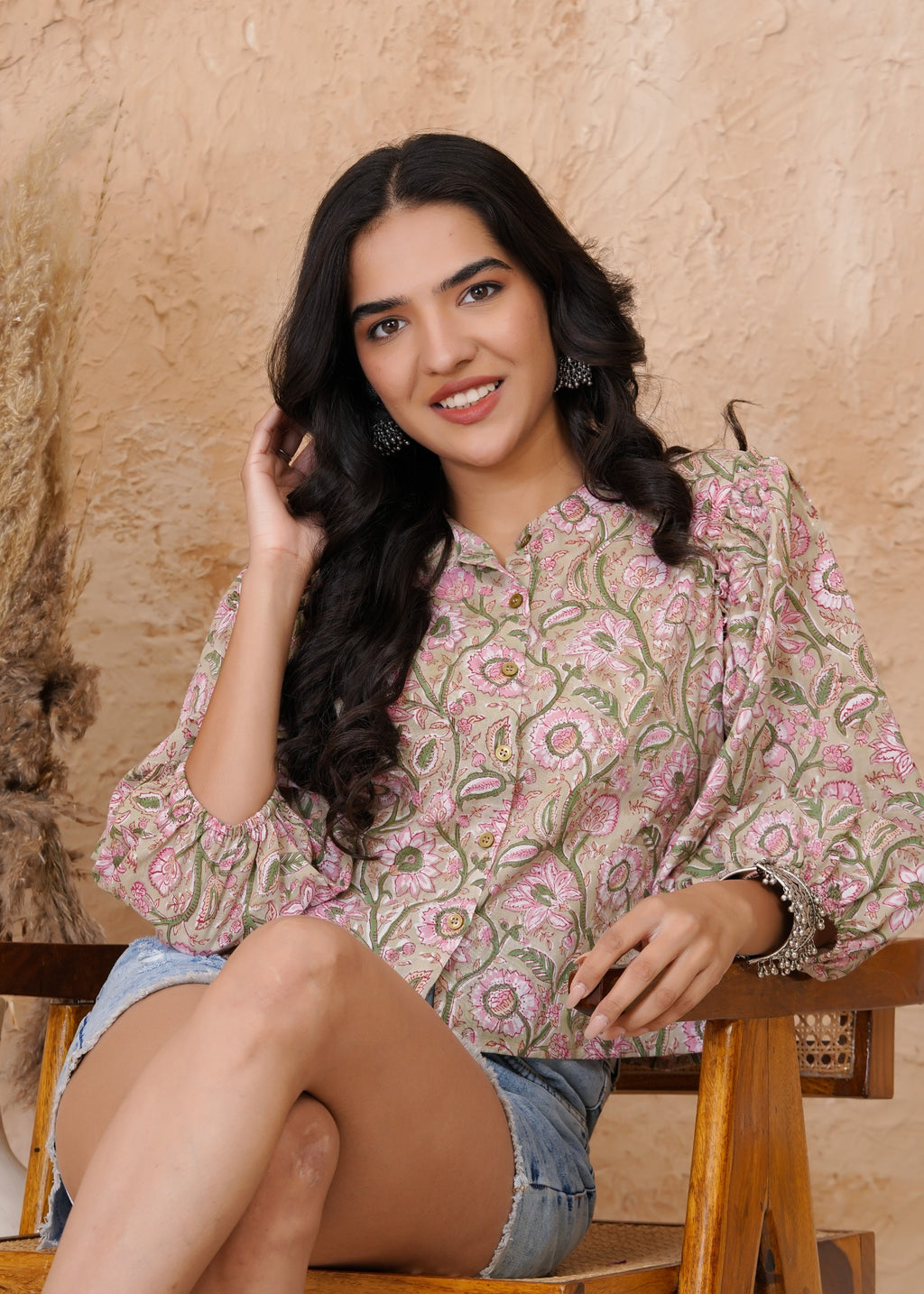 Earthy Flora Puff Sleeve Summer Top