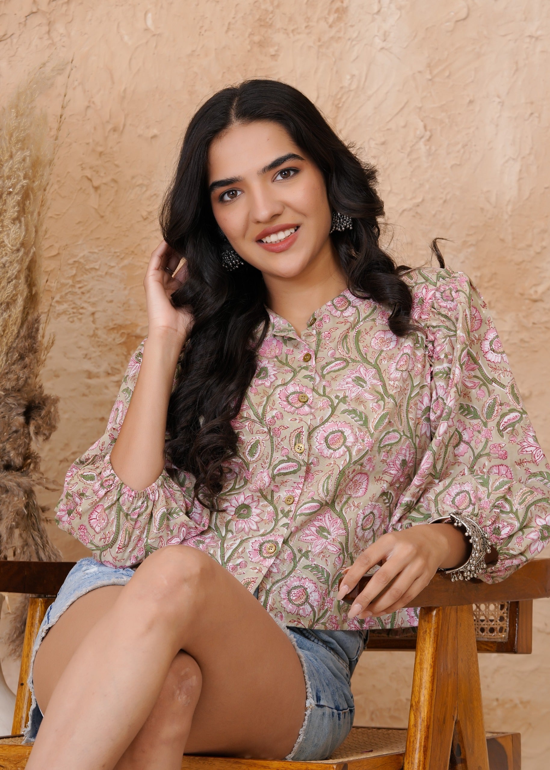Earthy Flora Puff Sleeve Summer Top