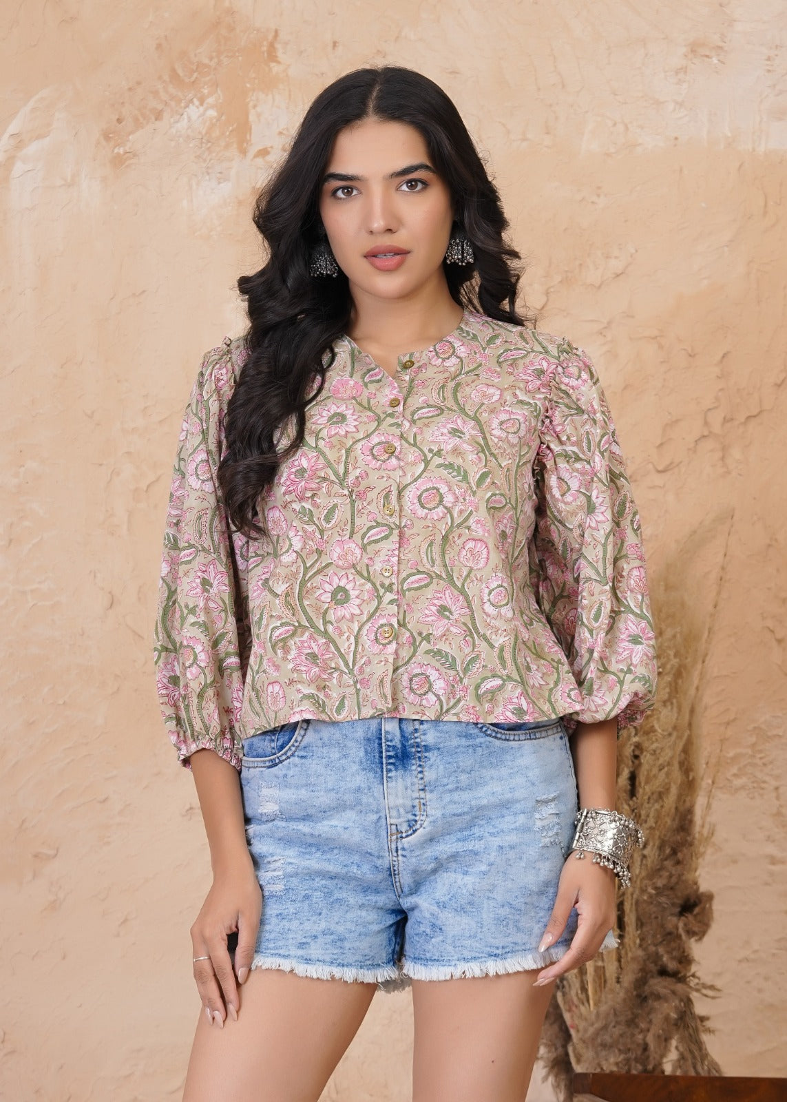 Earthy Flora Puff Sleeve Summer Top
