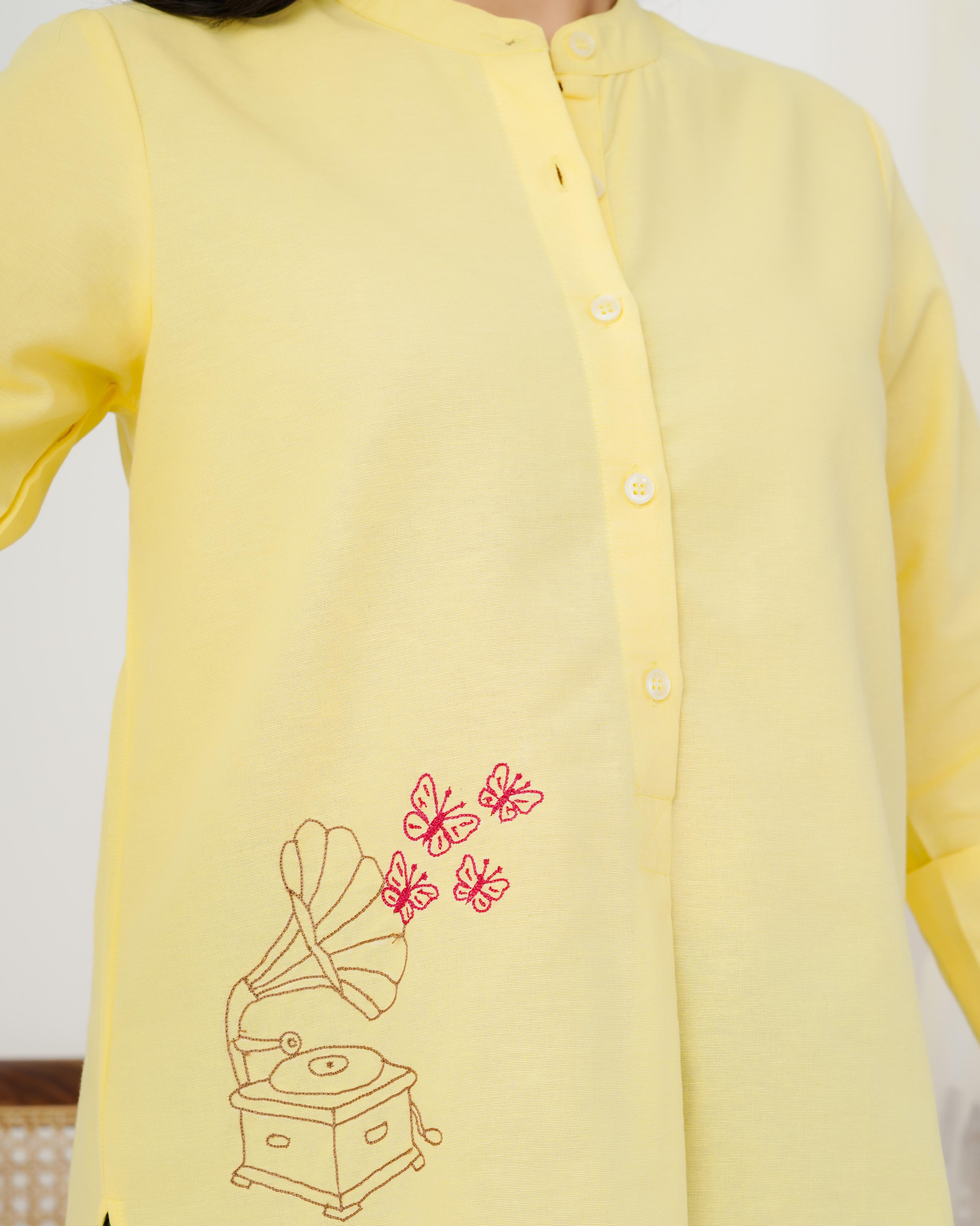 Yellow Gramophone Hand Embroidered Top