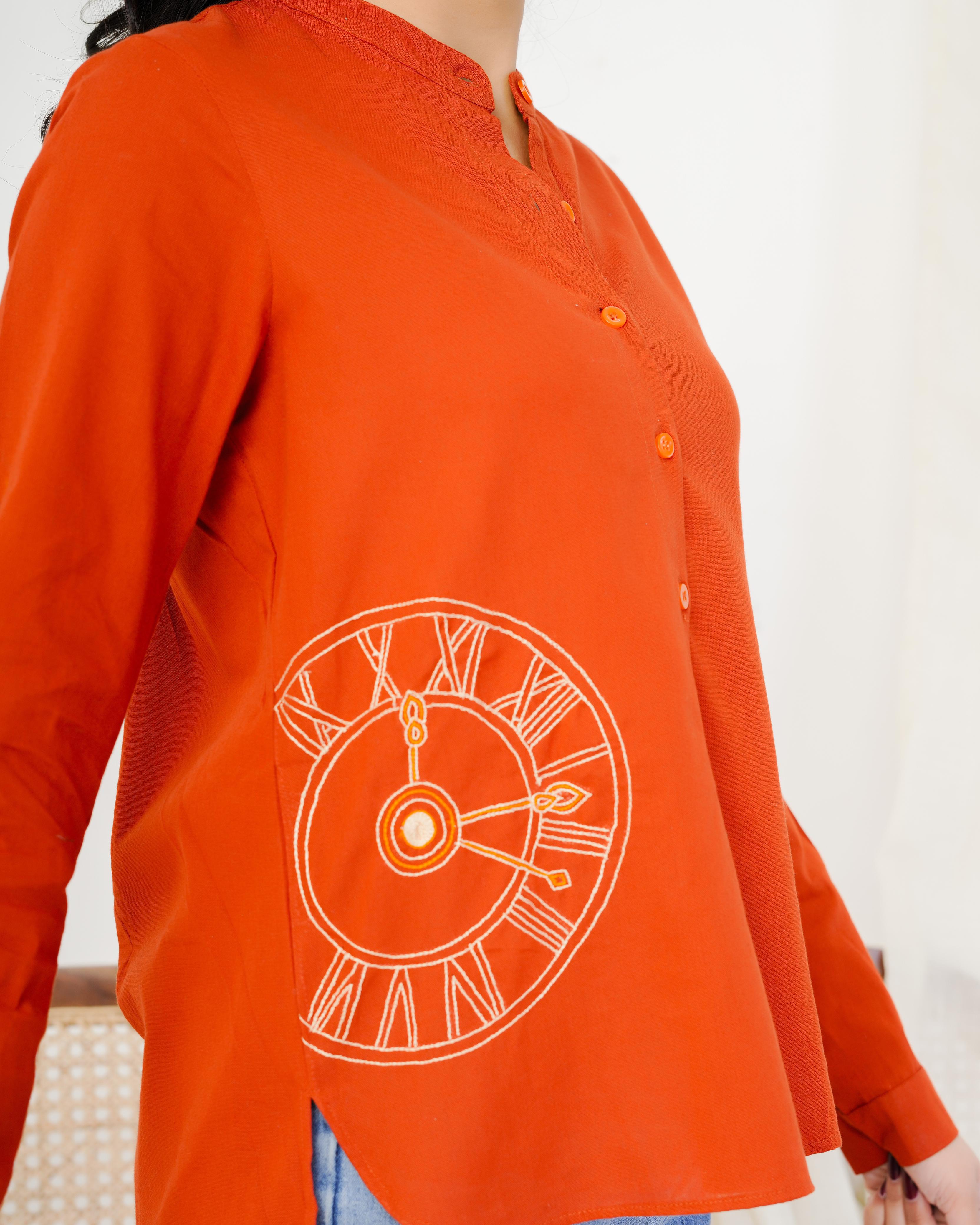 Rust Orange Clock Hand Embroidered Top