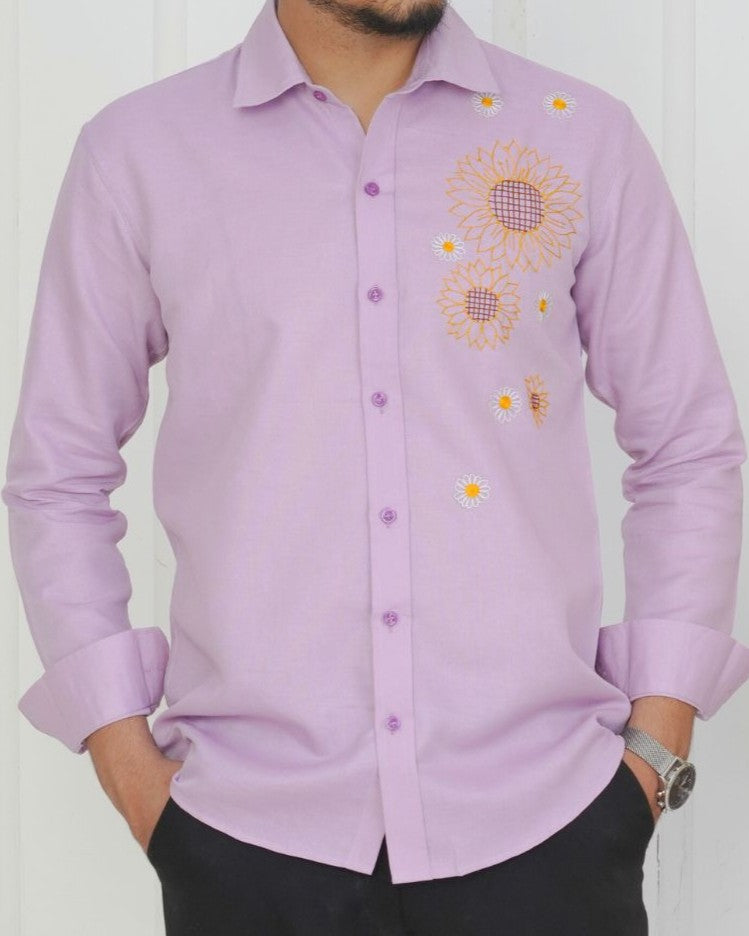 Lavender Sunflower Hand Embroidered Shirt