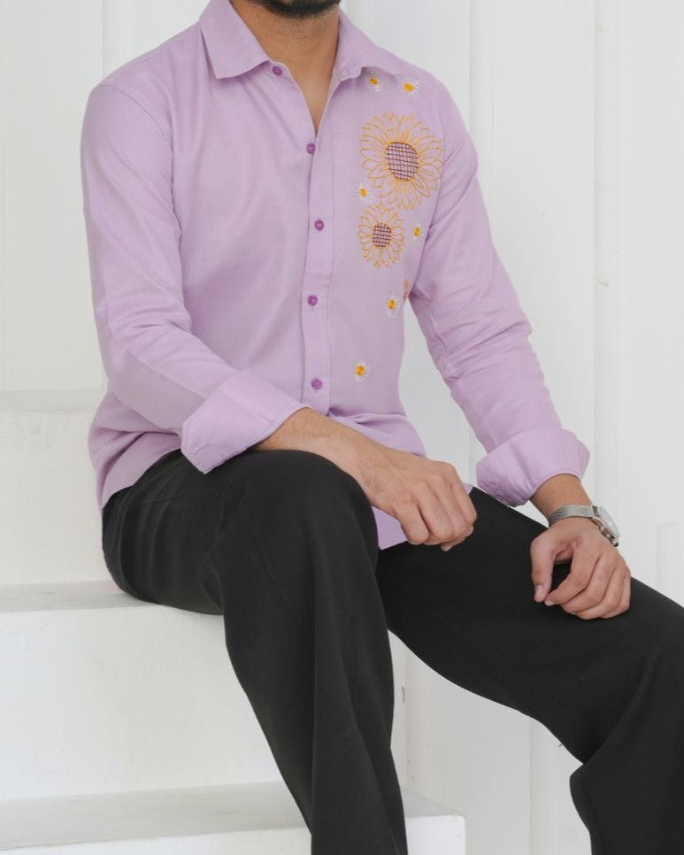 Lavender Sunflower Hand Embroidered Shirt